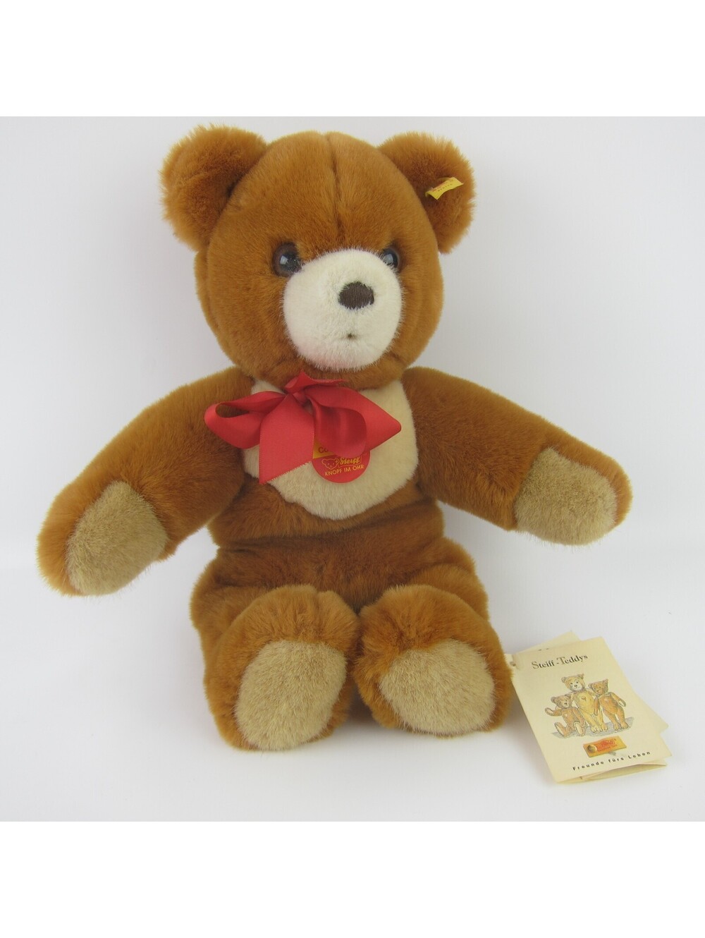 Vintage STEIFF Brown Cozy Teddy Bear Stuffed Animal 018725 Button Tag Red Ribbon